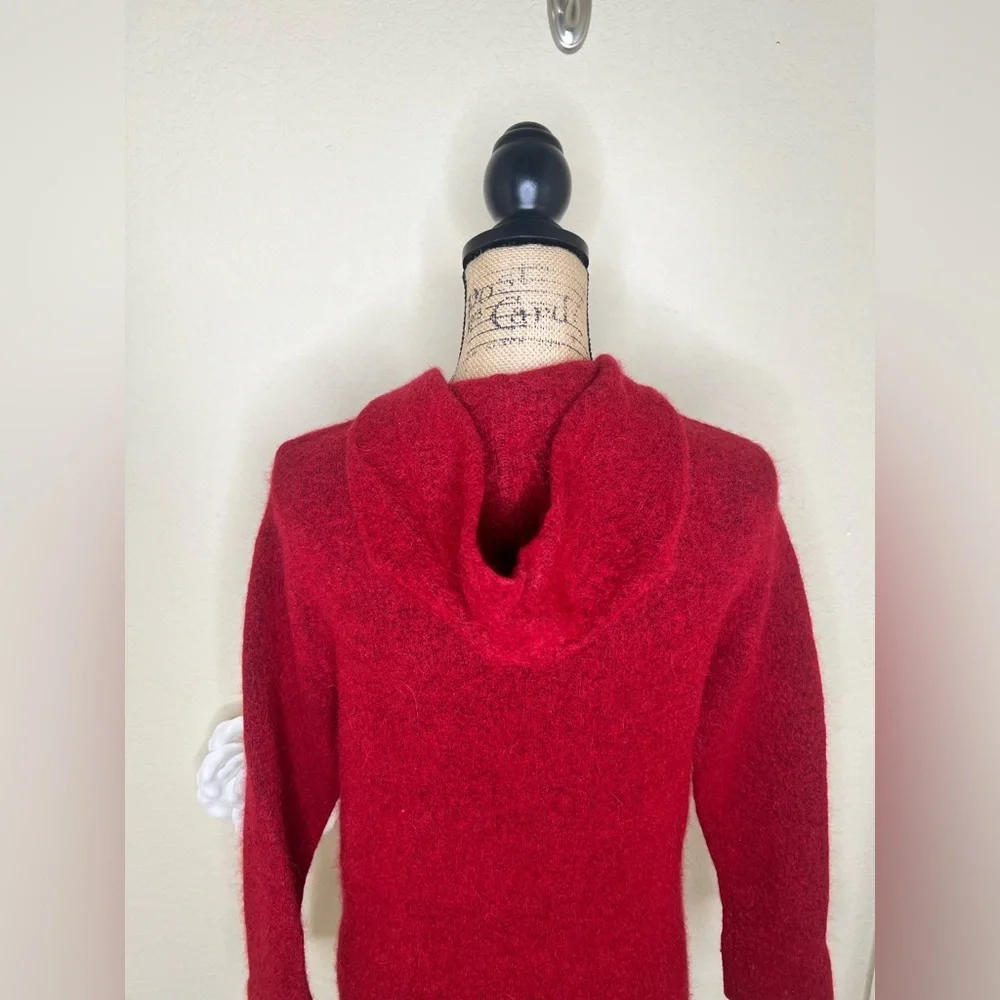 Vince Italy Wool Alpaca Blend Fuzzy Hooded Sweater Cherry Red Oversized XS